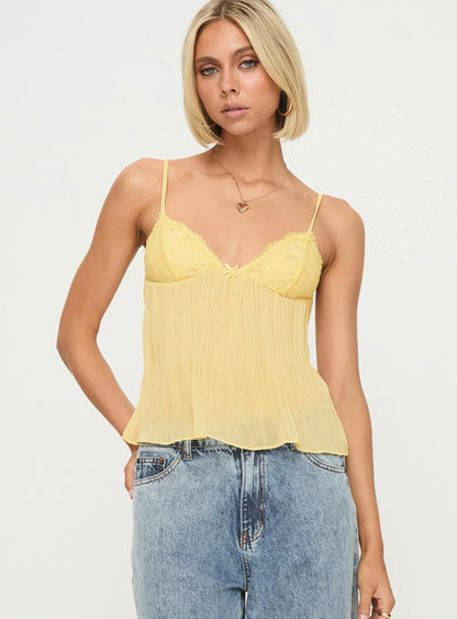 Lace Pleated Top - Soft Yellow