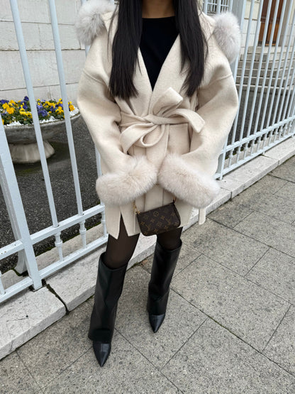 CREAM WOOL AND FUR COAT WITH HOOD