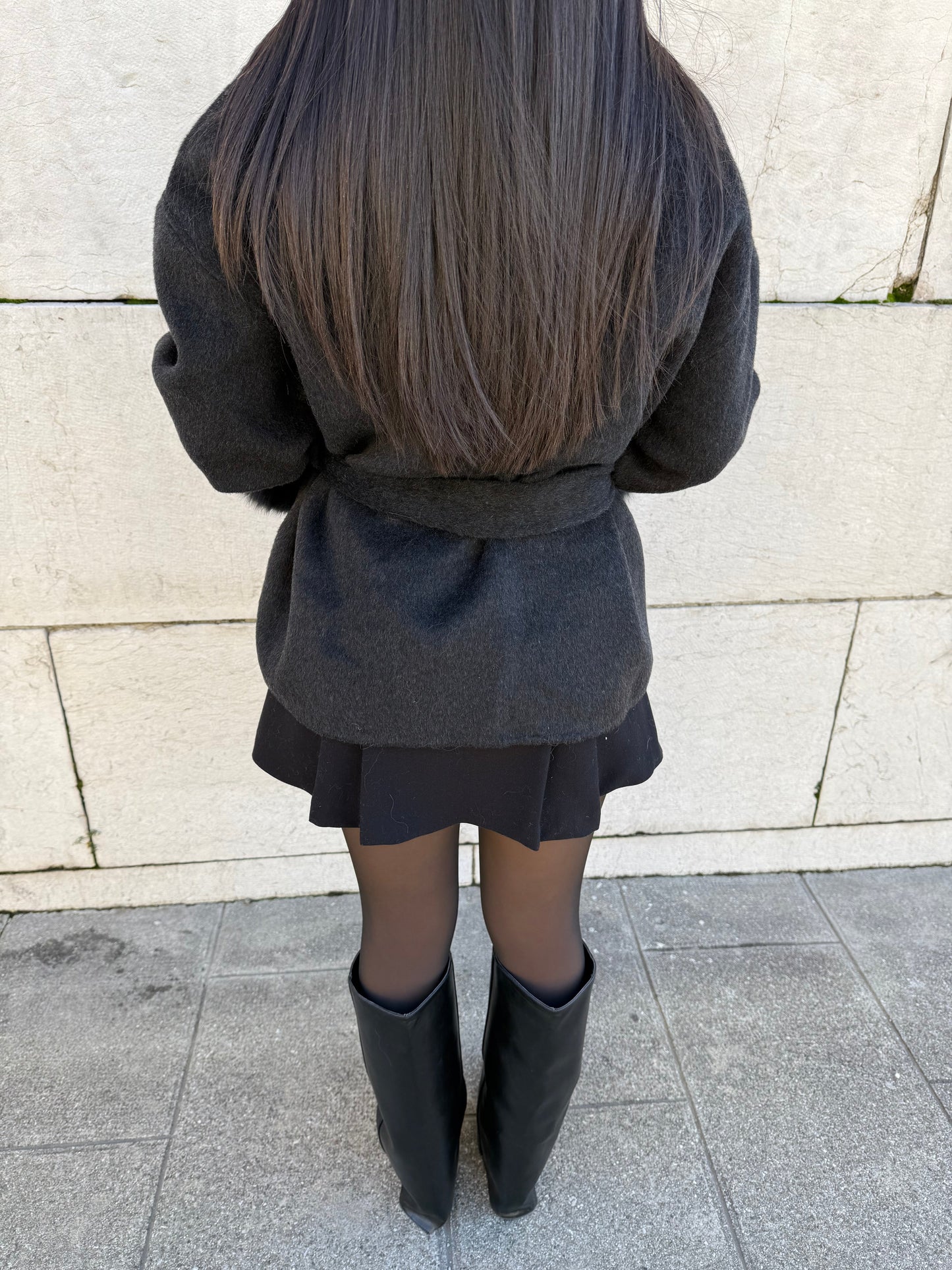 ANTHRACITE WOOL COAT WITH FUR