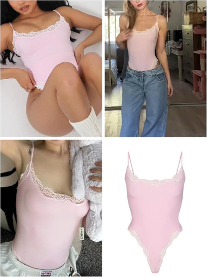 Lace detail Bodysuit Square Neck Spaghetti Strap Tank Top Bodysuits