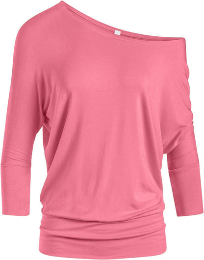 Scoopneck Top Off The Shoulder Tops Banded Waistband Shirts 3/4 Sleeves Regular and Plus Size Tops