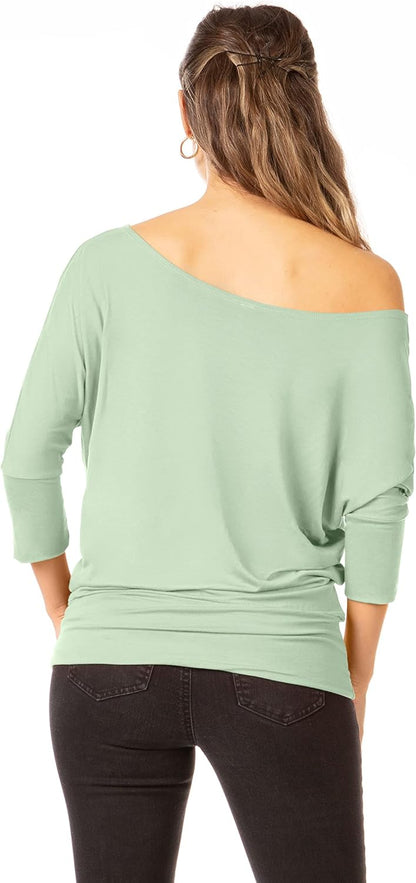 Scoopneck Top Off The Shoulder Tops Banded Waistband Shirts 3/4 Sleeves Regular and Plus Size Tops