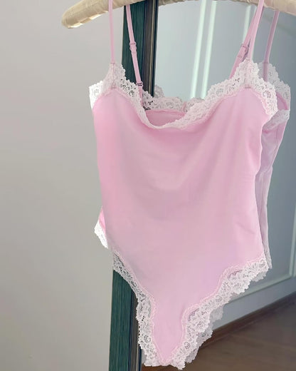 Lace detail Bodysuit Square Neck Spaghetti Strap Tank Top Bodysuits