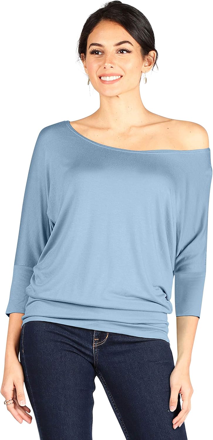 Scoopneck Top Off The Shoulder Tops Banded Waistband Shirts 3/4 Sleeves Regular and Plus Size Tops