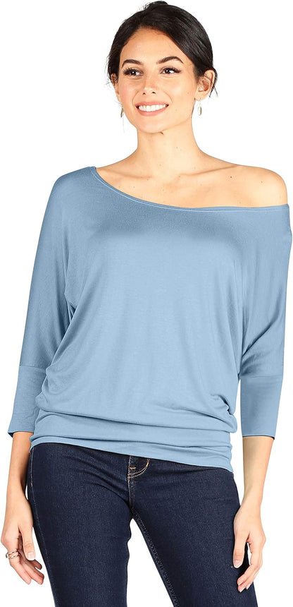 Scoopneck Top Off The Shoulder Tops Banded Waistband Shirts 3/4 Sleeves Regular and Plus Size Tops