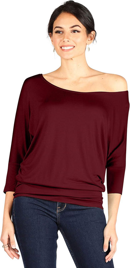 Scoopneck Top Off The Shoulder Tops Banded Waistband Shirts 3/4 Sleeves Regular and Plus Size Tops
