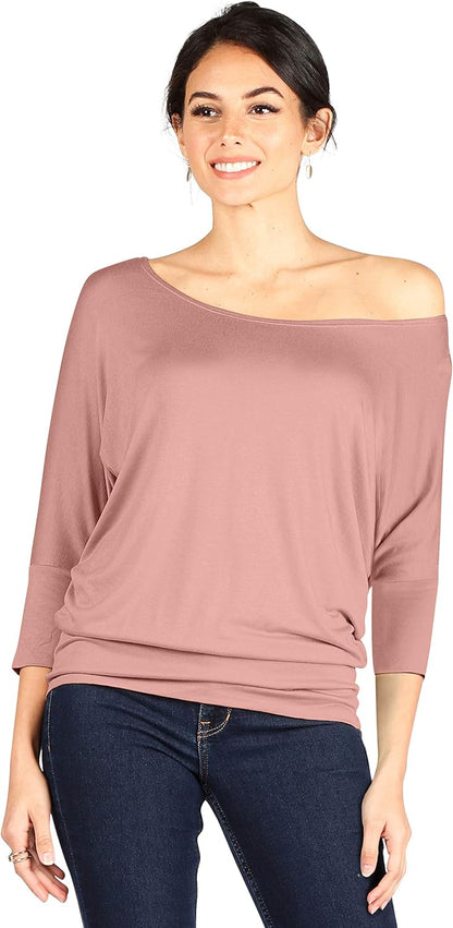 Scoopneck Top Off The Shoulder Tops Banded Waistband Shirts 3/4 Sleeves Regular and Plus Size Tops
