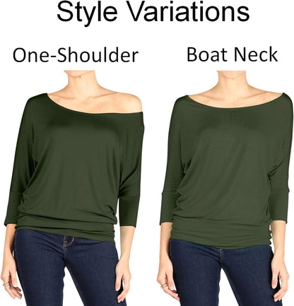 Scoopneck Top Off The Shoulder Tops Banded Waistband Shirts 3/4 Sleeves Regular and Plus Size Tops