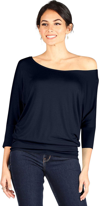 Scoopneck Top Off The Shoulder Tops Banded Waistband Shirts 3/4 Sleeves Regular and Plus Size Tops