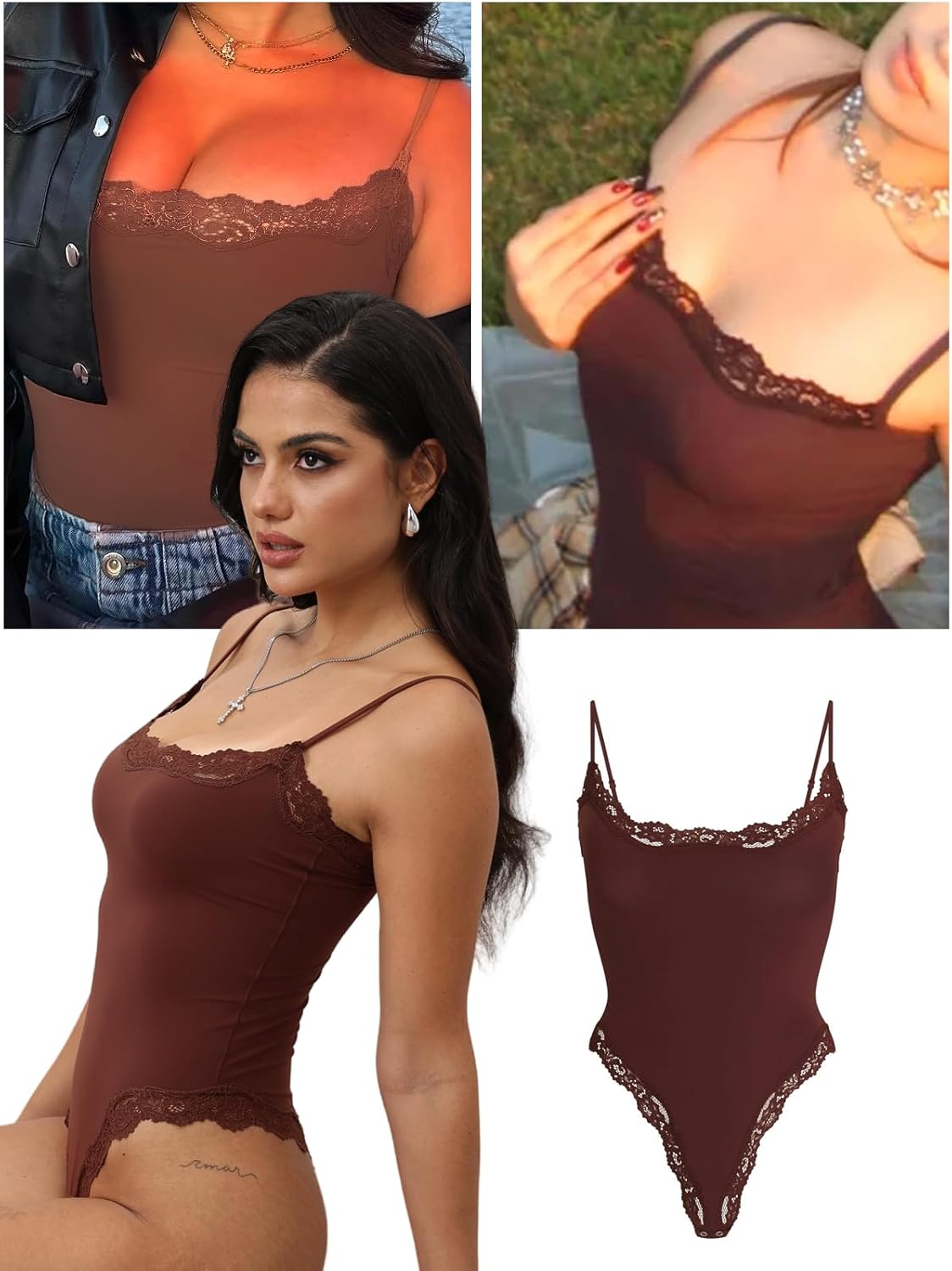 Lace detail Bodysuit Square Neck Spaghetti Strap Tank Top Bodysuits