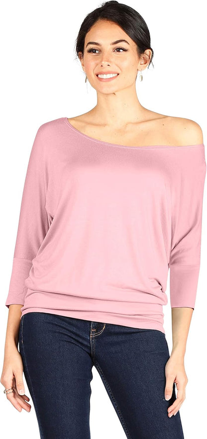 Scoopneck Top Off The Shoulder Tops Banded Waistband Shirts 3/4 Sleeves Regular and Plus Size Tops
