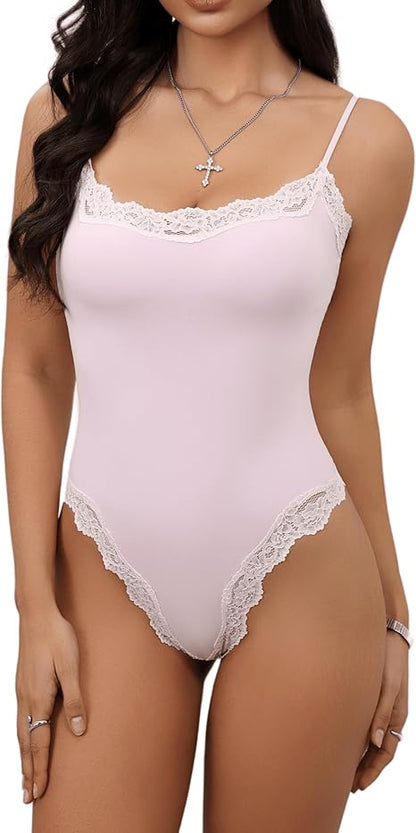 Lace detail Bodysuit Square Neck Spaghetti Strap Tank Top Bodysuits