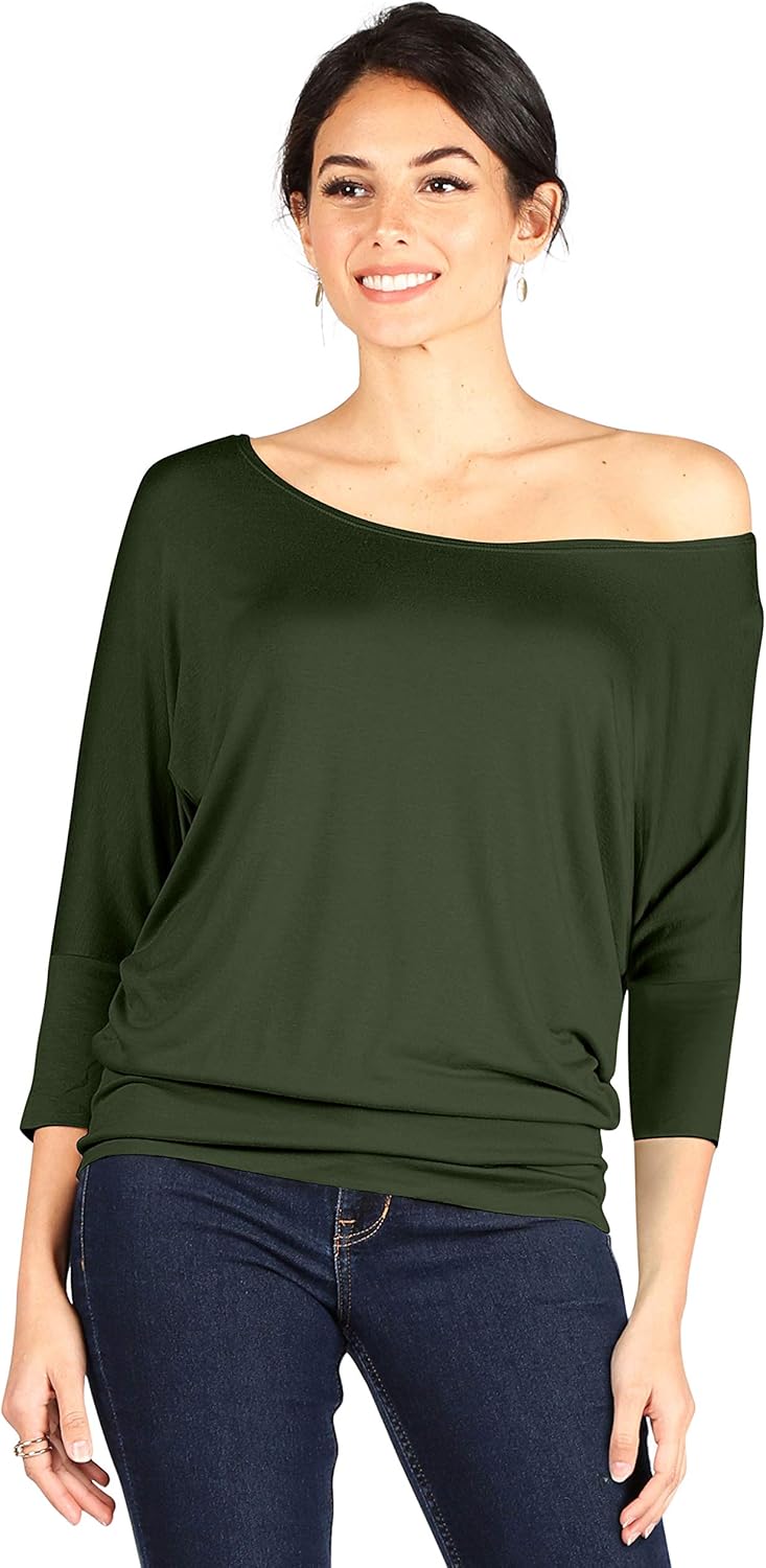 Scoopneck Top Off The Shoulder Tops Banded Waistband Shirts 3/4 Sleeves Regular and Plus Size Tops