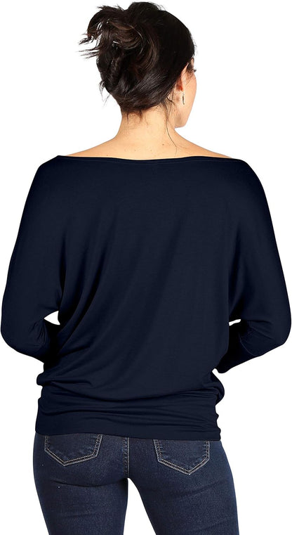 Scoopneck Top Off The Shoulder Tops Banded Waistband Shirts 3/4 Sleeves Regular and Plus Size Tops