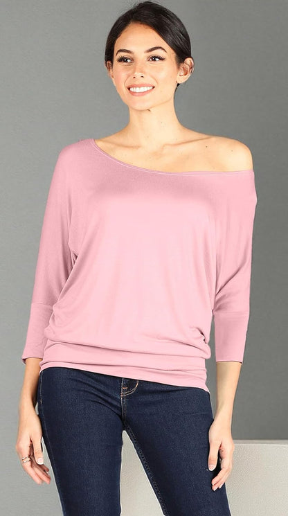 Scoopneck Top Off The Shoulder Tops Banded Waistband Shirts 3/4 Sleeves Regular and Plus Size Tops