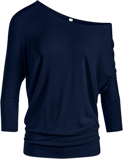 Scoopneck Top Off The Shoulder Tops Banded Waistband Shirts 3/4 Sleeves Regular and Plus Size Tops