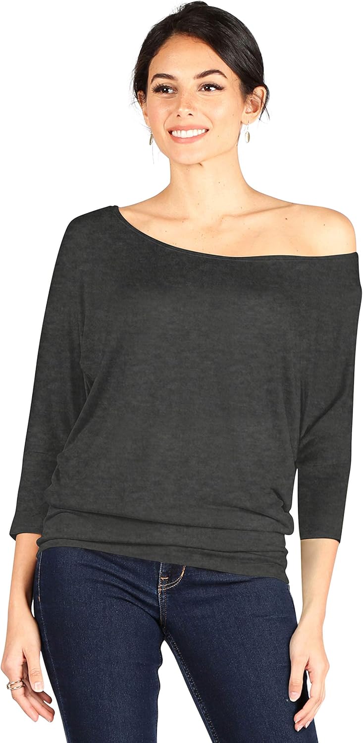 Scoopneck Top Off The Shoulder Tops Banded Waistband Shirts 3/4 Sleeves Regular and Plus Size Tops