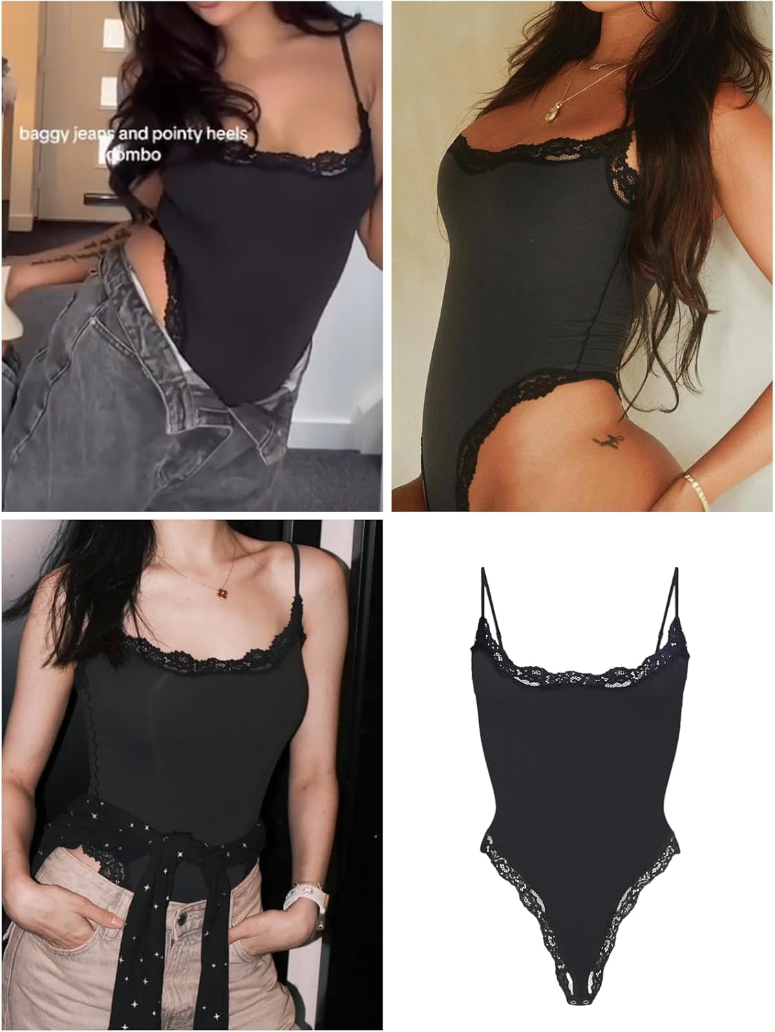 Lace detail Bodysuit Square Neck Spaghetti Strap Tank Top Bodysuits
