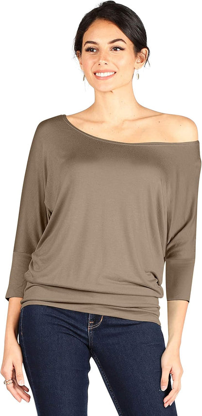 Scoopneck Top Off The Shoulder Tops Banded Waistband Shirts 3/4 Sleeves Regular and Plus Size Tops