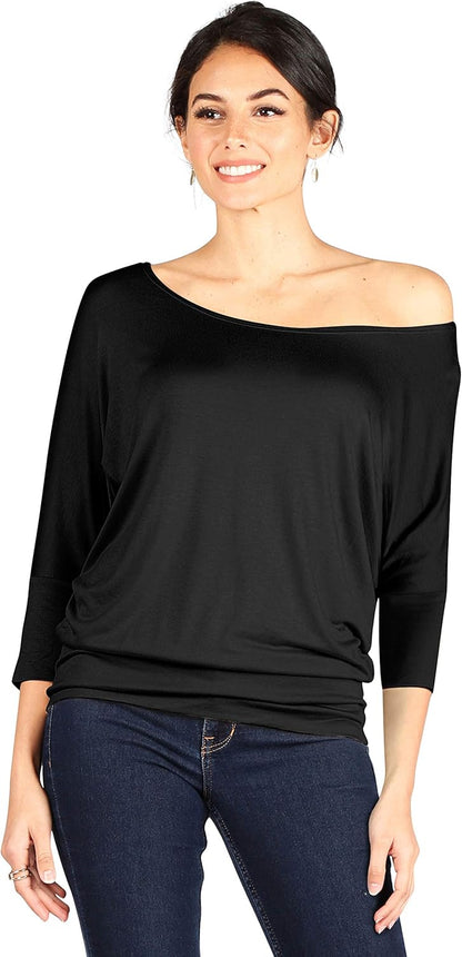 Scoopneck Top Off The Shoulder Tops Banded Waistband Shirts 3/4 Sleeves Regular and Plus Size Tops