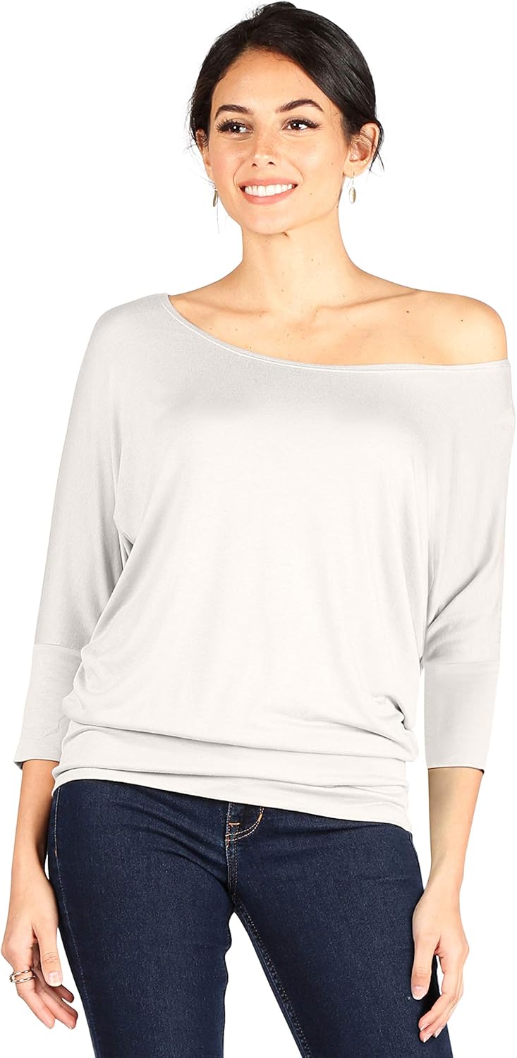 Scoopneck Top Off The Shoulder Tops Banded Waistband Shirts 3/4 Sleeves Regular and Plus Size Tops