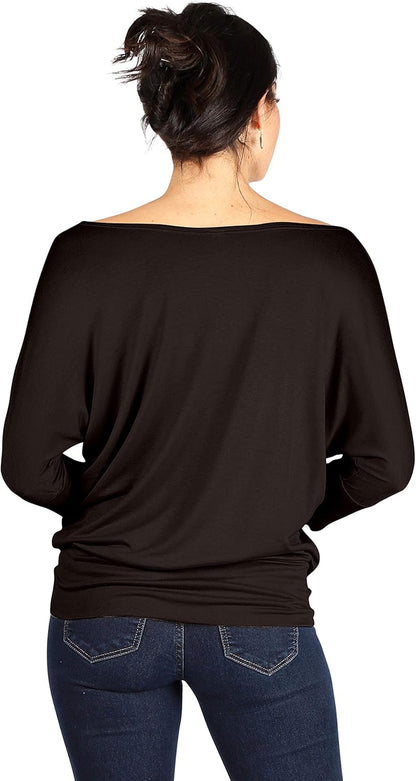 Scoopneck Top Off The Shoulder Tops Banded Waistband Shirts 3/4 Sleeves Regular and Plus Size Tops