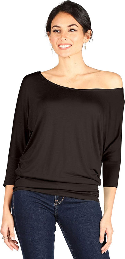 Scoopneck Top Off The Shoulder Tops Banded Waistband Shirts 3/4 Sleeves Regular and Plus Size Tops