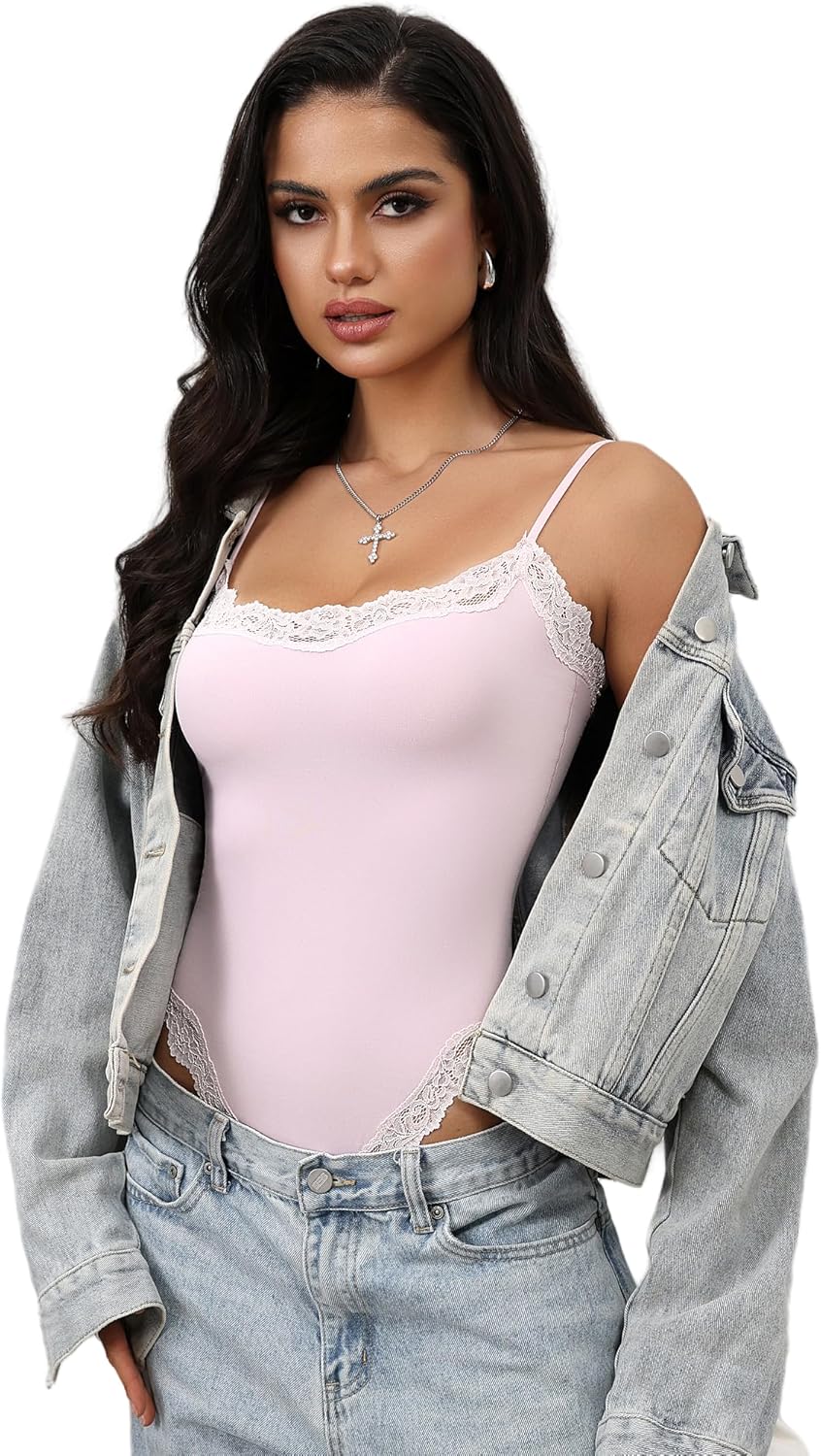 Lace detail Bodysuit Square Neck Spaghetti Strap Tank Top Bodysuits