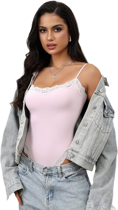 Lace detail Bodysuit Square Neck Spaghetti Strap Tank Top Bodysuits