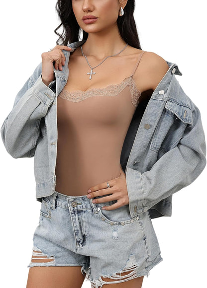 Lace detail Bodysuit Square Neck Spaghetti Strap Tank Top Bodysuits