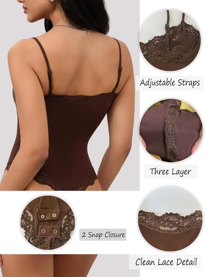 Lace detail Bodysuit Square Neck Spaghetti Strap Tank Top Bodysuits