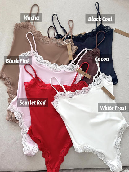 Lace detail Bodysuit Square Neck Spaghetti Strap Tank Top Bodysuits