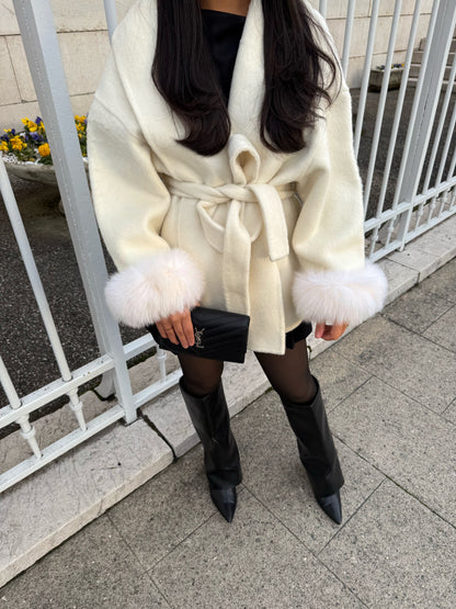 Beige Wool Coat with Fur