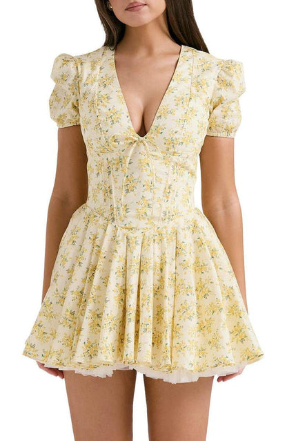 Camellia Floral Puff Sleeve Mini Dress