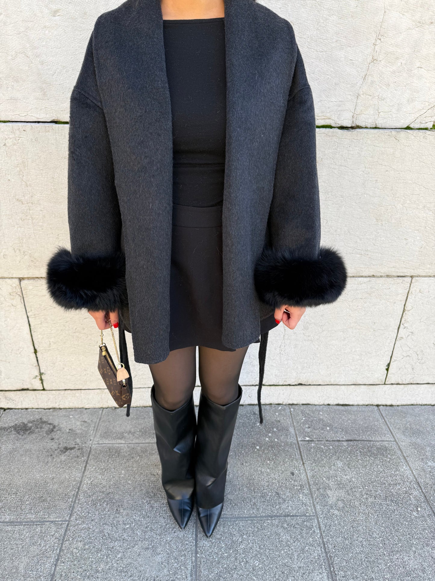 ANTHRACITE WOOL COAT WITH FUR