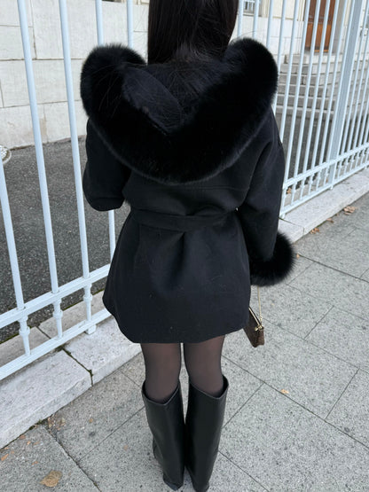 BLACK WOOL AND FUR COAT WITH HOOD
