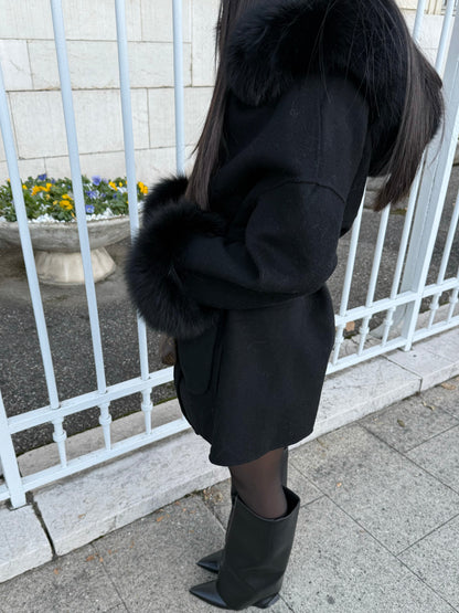 BLACK WOOL AND FUR COAT WITH HOOD