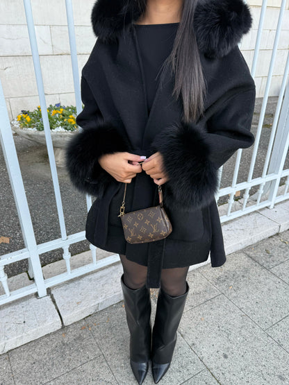 BLACK WOOL AND FUR COAT WITH HOOD