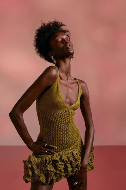 Serena Lace-Trimmed Ruffle Crochet Mini Dress